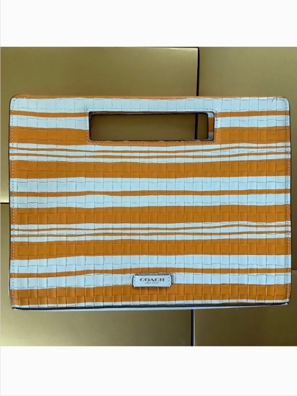 Coach Bleecker Embossed Woven Leather Pocket Clutch Bright Mandarin White NWOT